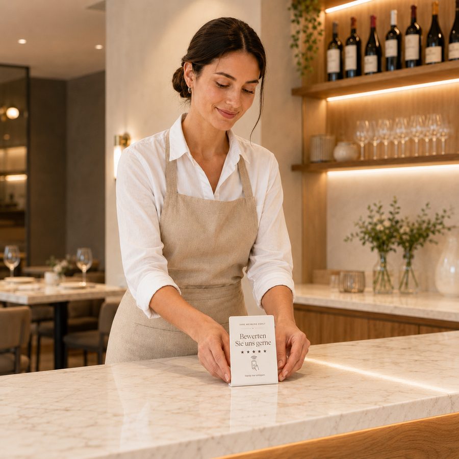 Renomea NFC-Bewertungskarte wird an der Theke im Restaurant aufgestellt