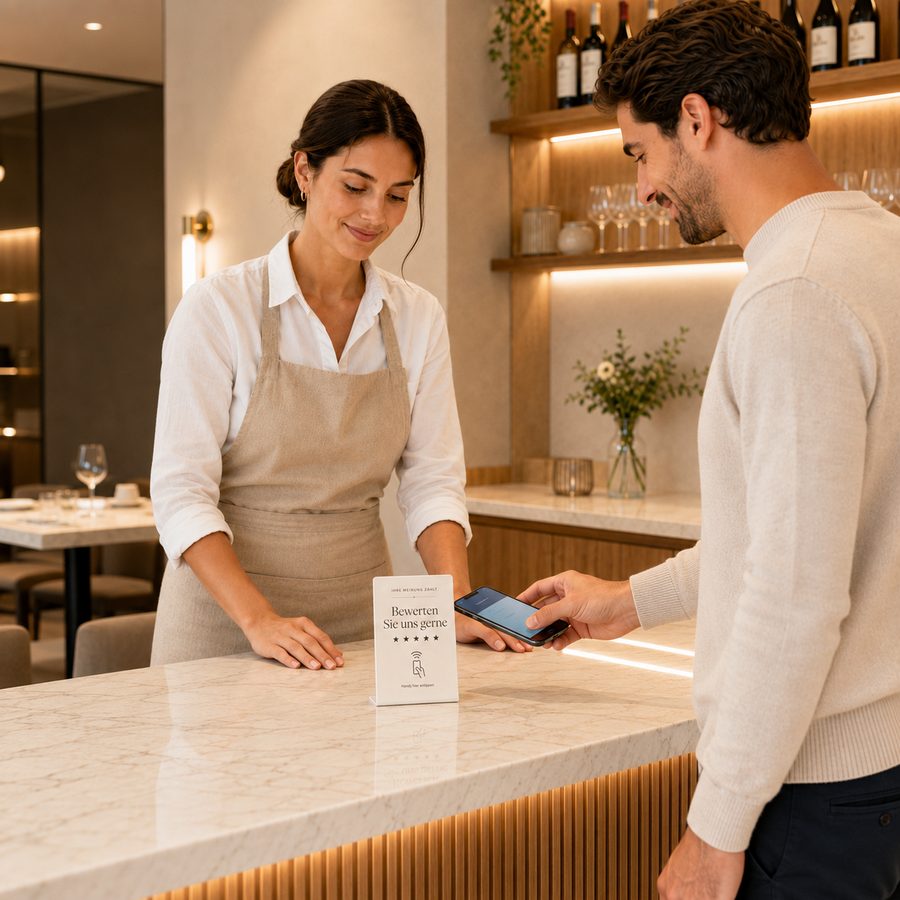 Gast tippt sein Smartphone an die NFC-Bewertungskarte auf dem Tresen