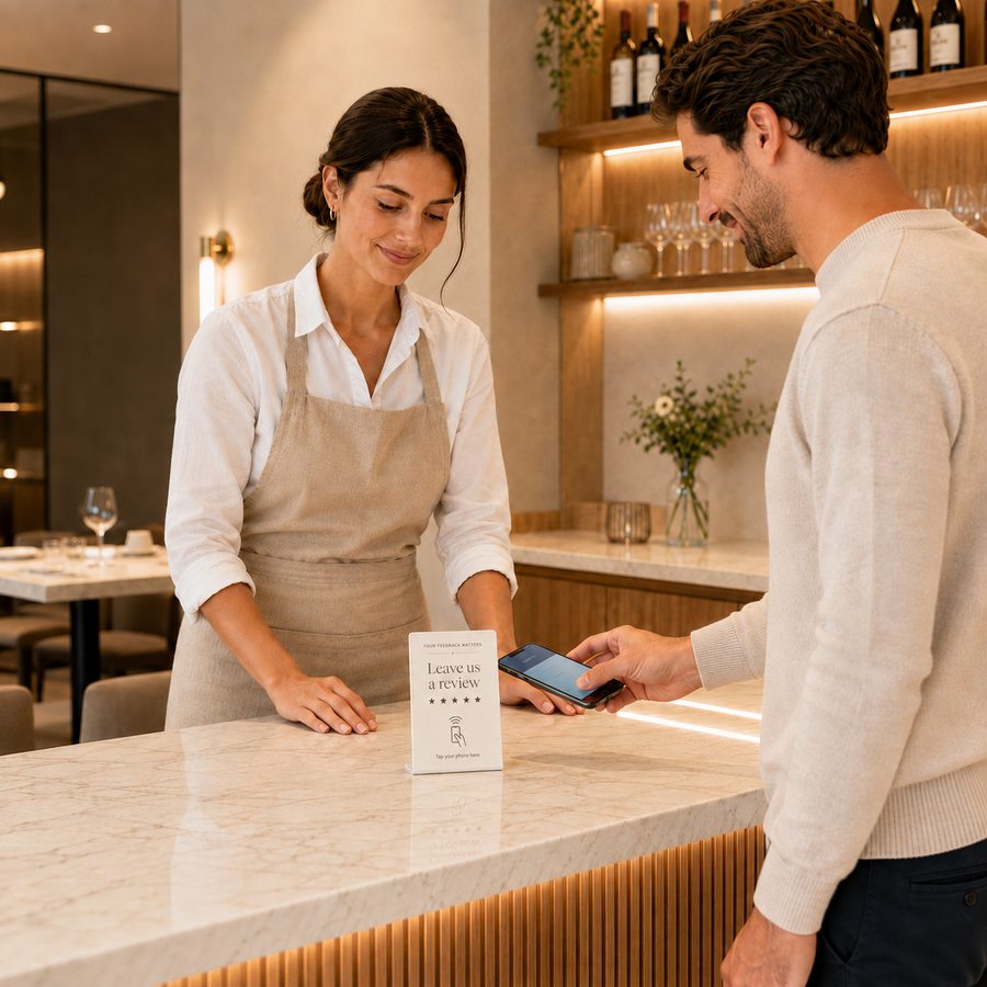 Guest taps their smartphone on the NFC review card on the counter